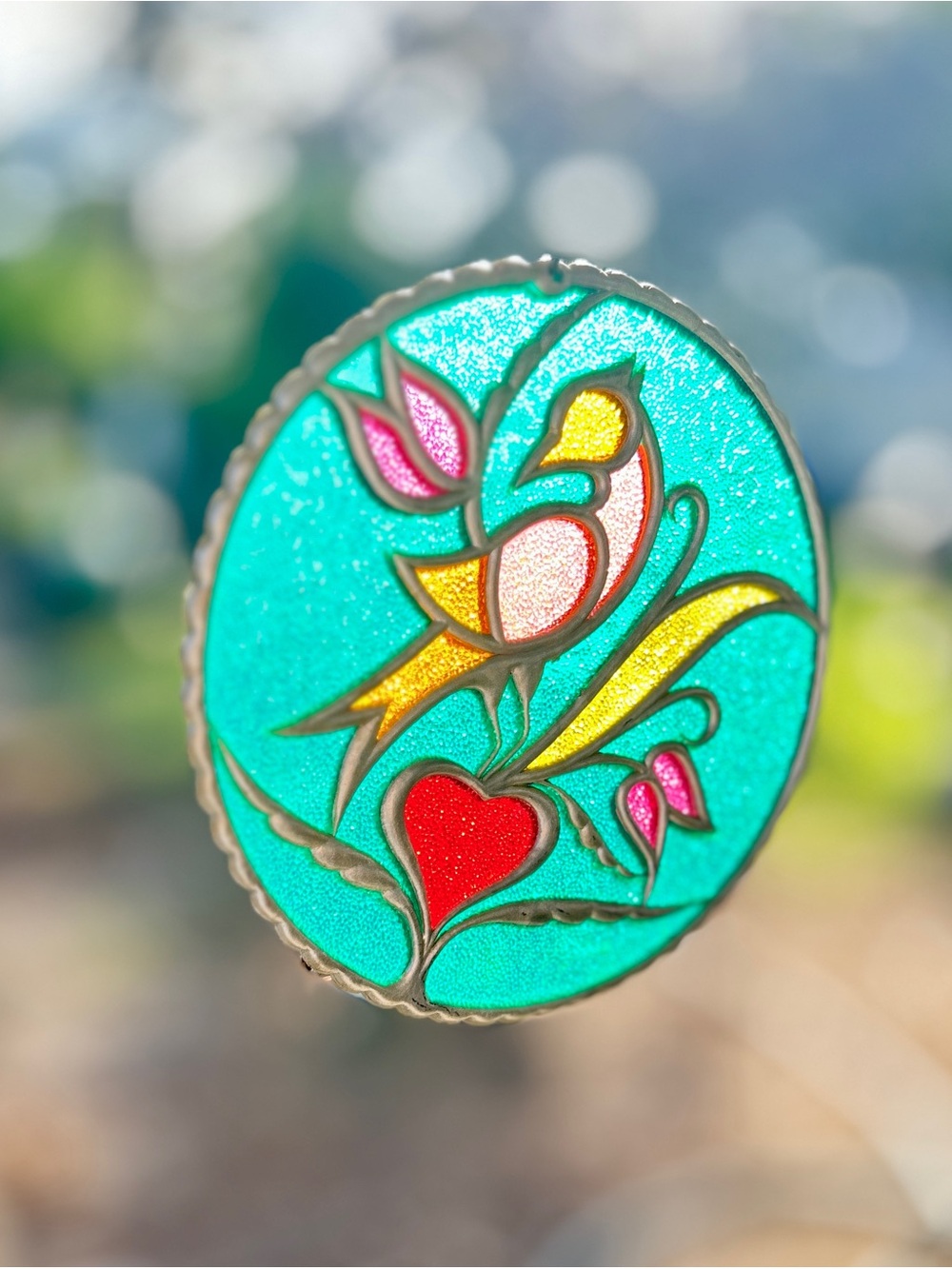 Turquoise Enamel Floral Heart Sun Catcher - Beautiful Lightweight Plastic
